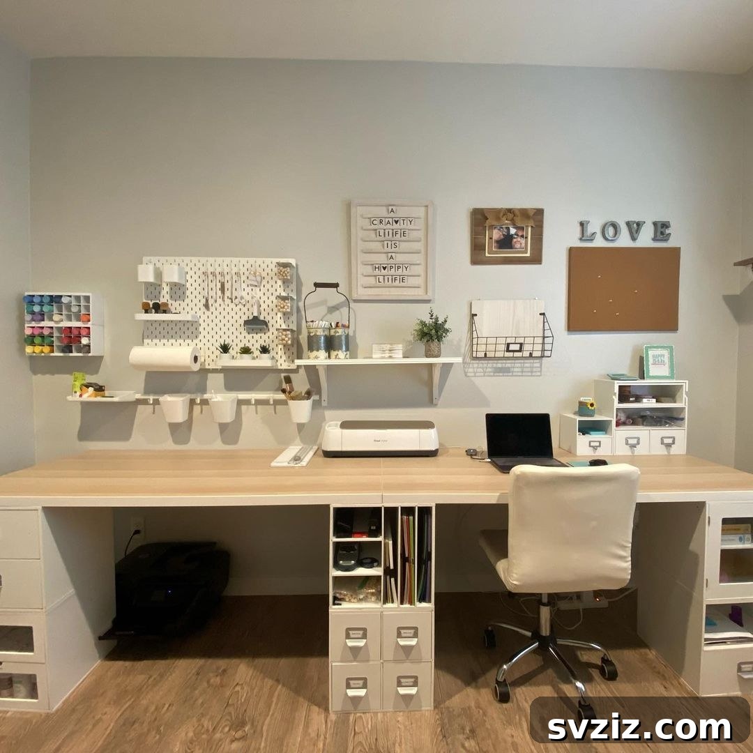 21 Brilliant Craft Room Layouts to Spark Your Imagination 20 Spacious Double Desk for Crafters