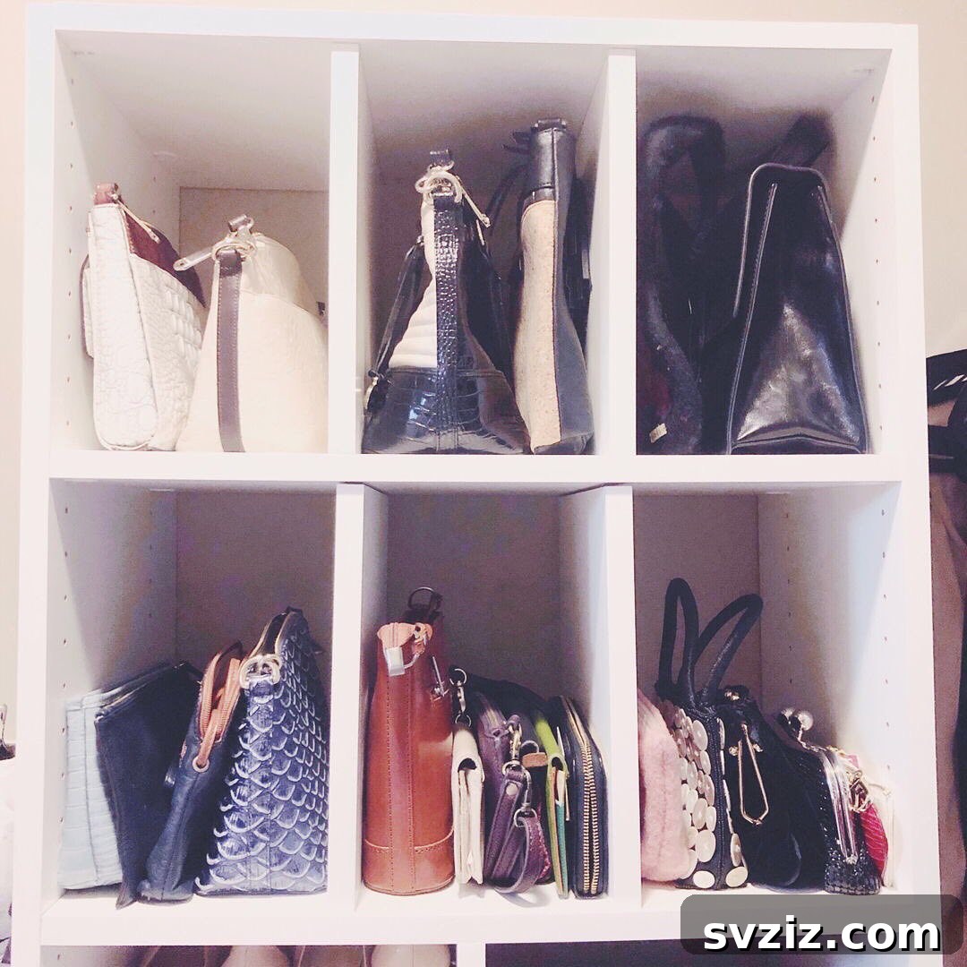 IKEA Kallax shelf units used for organized purse storage