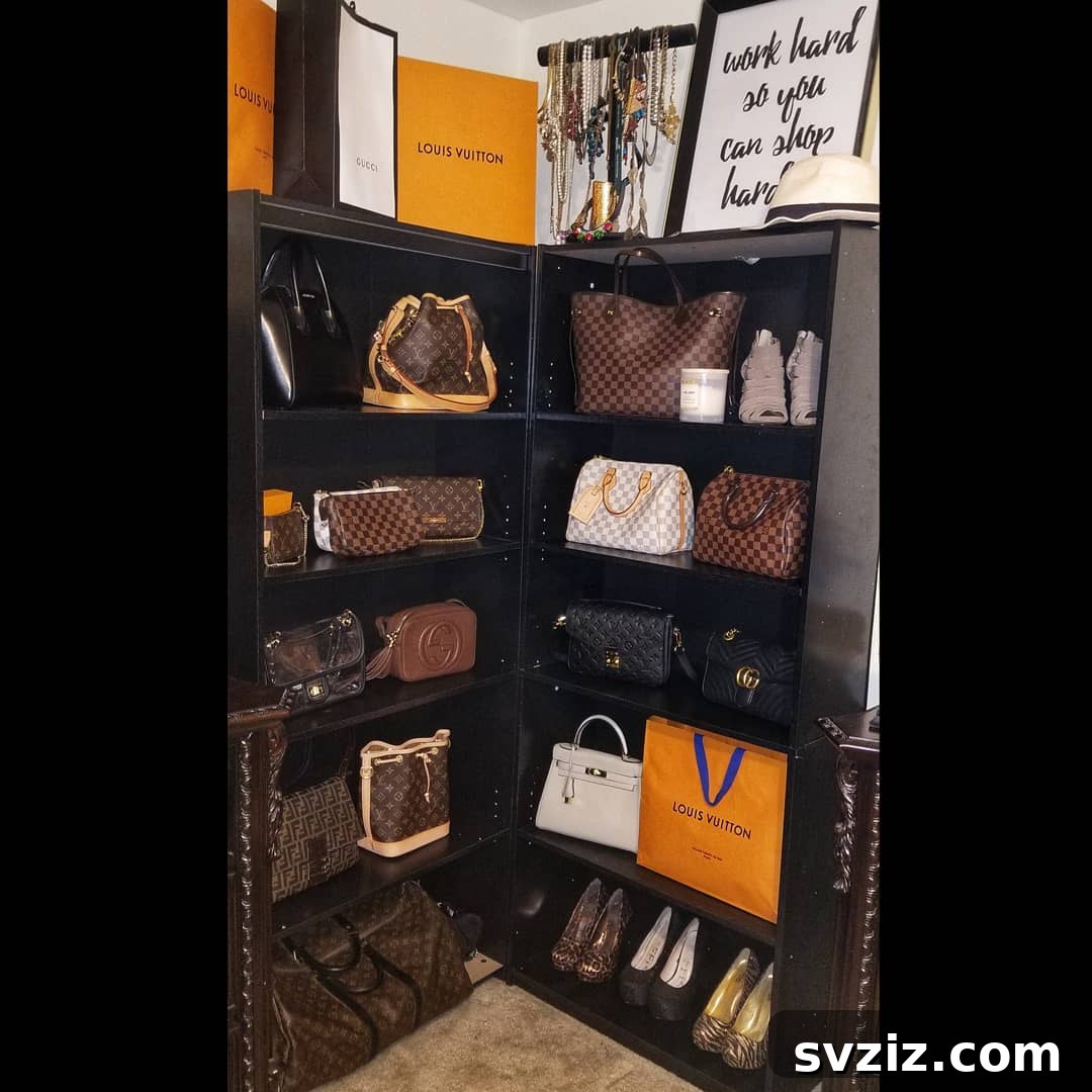 Corner bookcase utilized for handbag and accessory storage