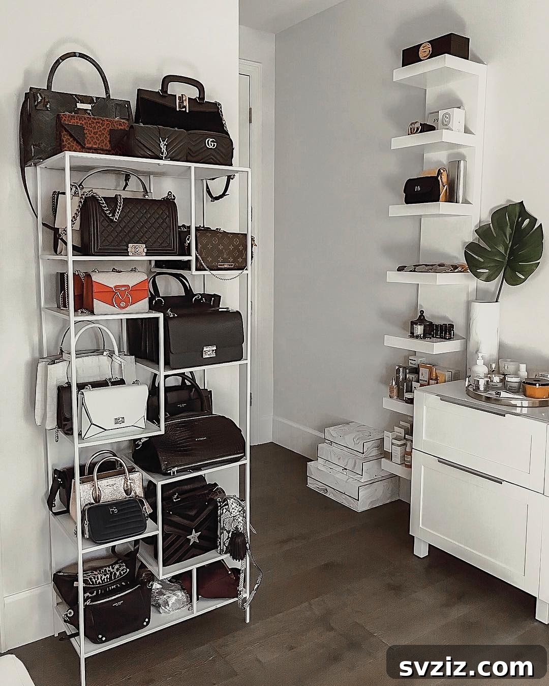 Clean white floating shelves displaying various handbags