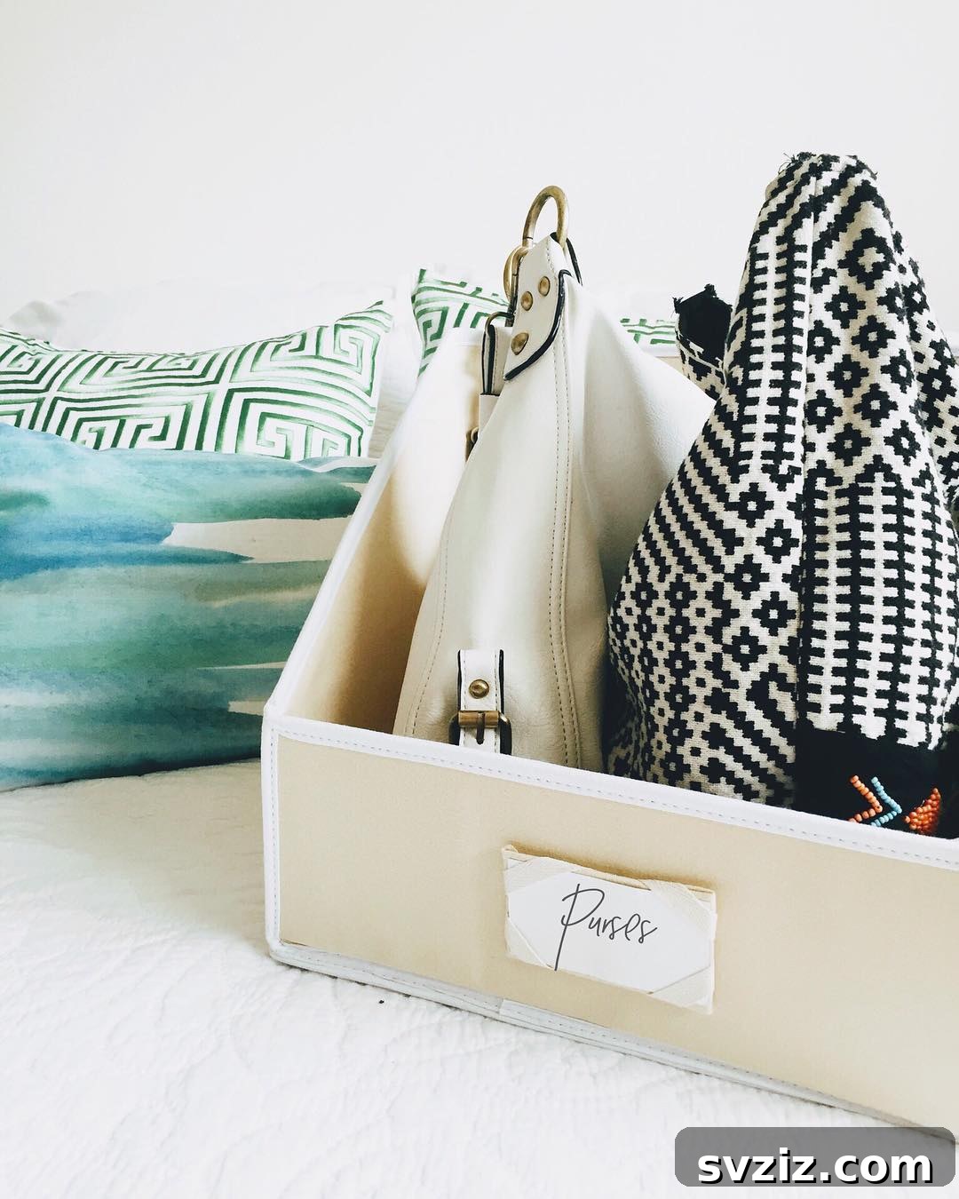 Stylish storage bins used for organized purse storage