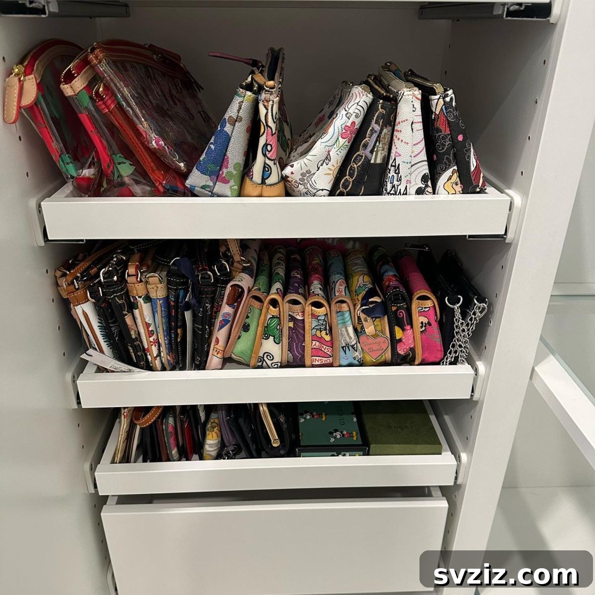Custom pull-out shelves for small purse and wallet organization