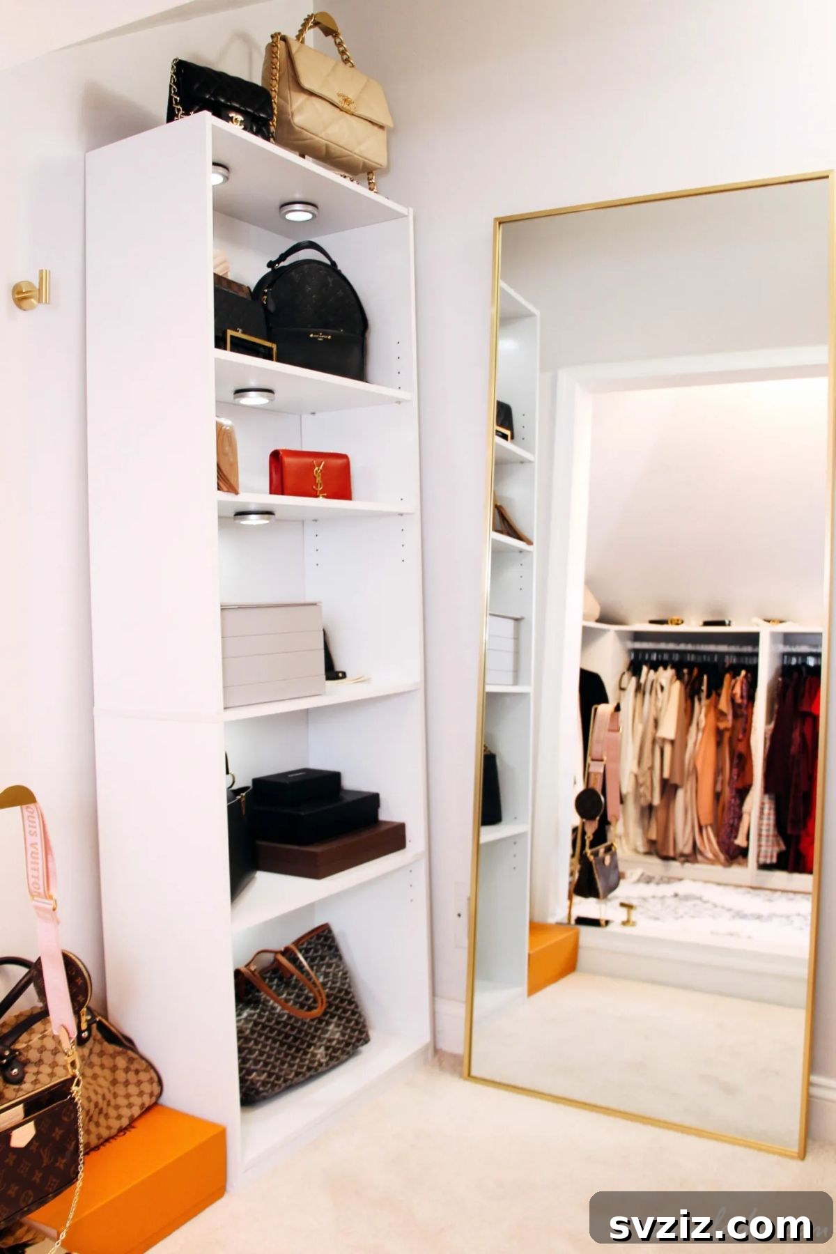 Stylish display shelf repurposed for purse storage