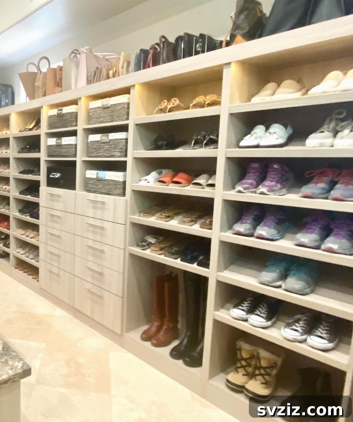 High closet shelf used for storing and displaying purses
