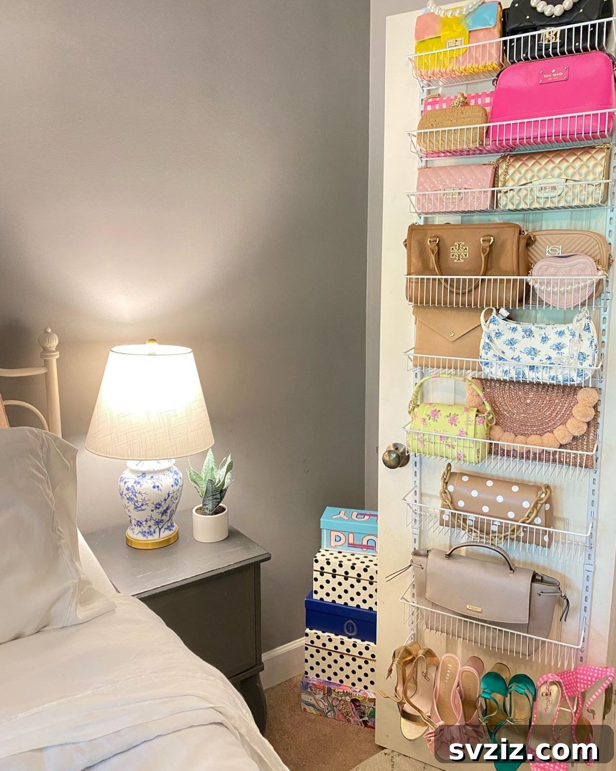 Over-the-door wire can organizer repurposed for clutch storage