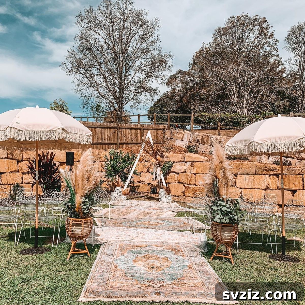 Small Weddings, Big Charm: 31 Intimate Ideas 31 Boho Backyard Wedding with eclectic decor and vibrant umbrellas