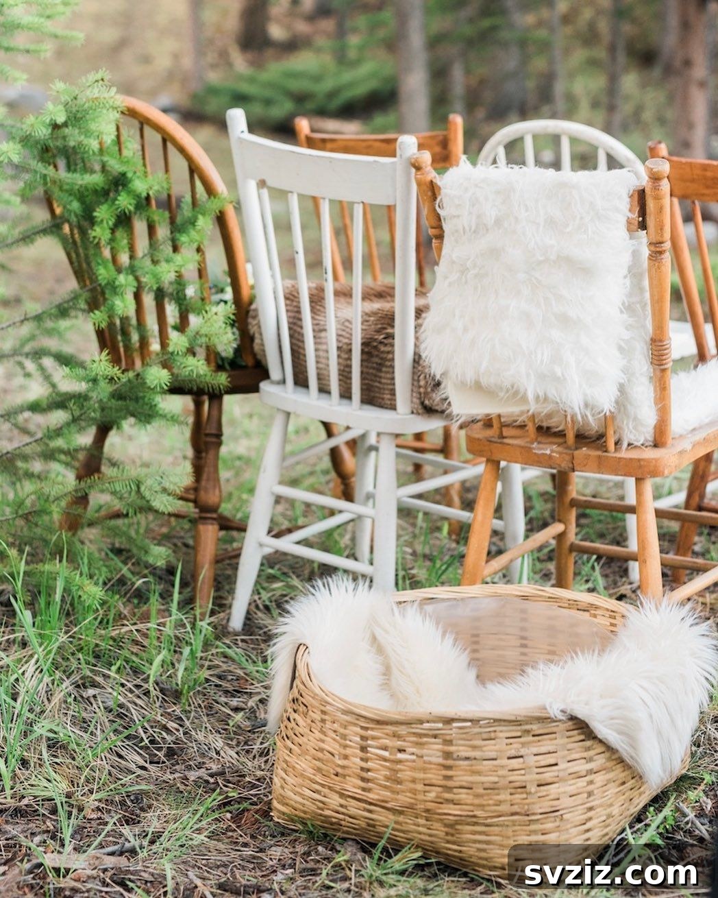 31 Adorable Rustic Wedding Ideas 14 Mismatched Farmhouse Chairs with Cozy Throws