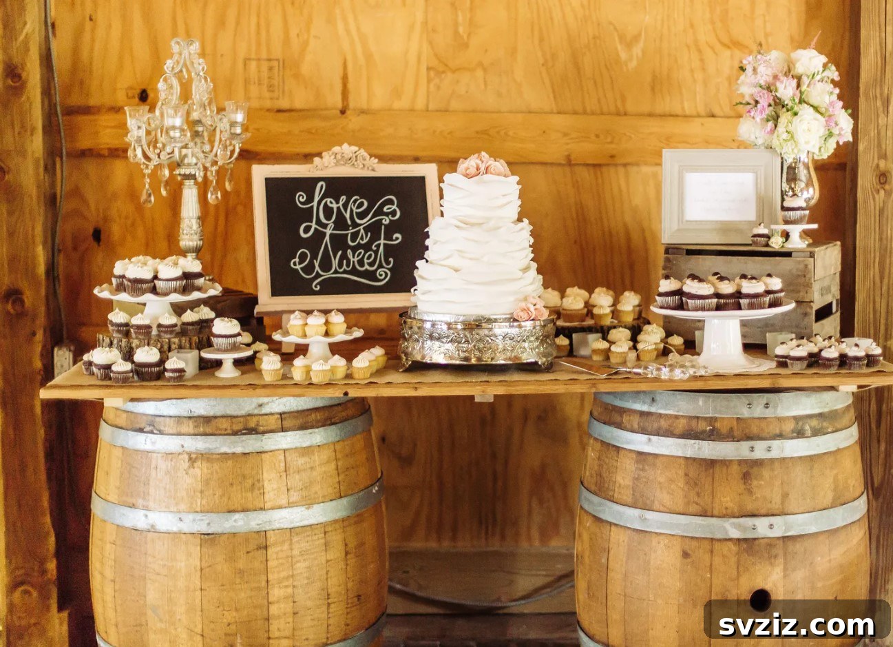 31 Adorable Rustic Wedding Ideas 21 Rustic Wine Barrel Dessert Station with Fairy Lights