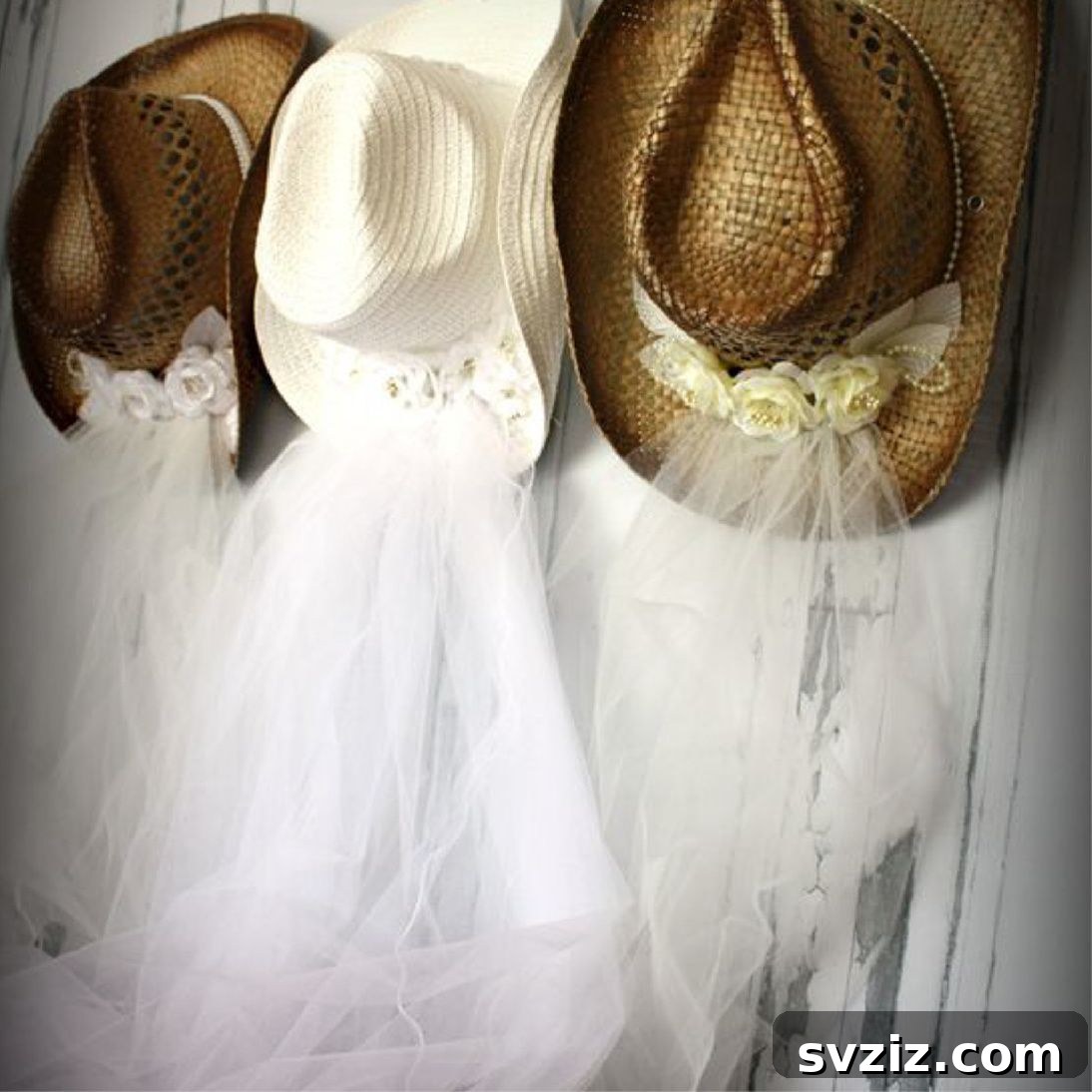 31 Adorable Rustic Wedding Ideas 23 Elegant Bridal Cowgirl Hats with Tulle and Flowers