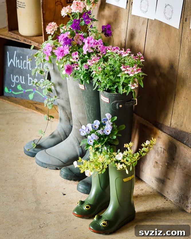 31 Adorable Rustic Wedding Ideas 32 Unique Rainboot Vases with Floral Arrangements