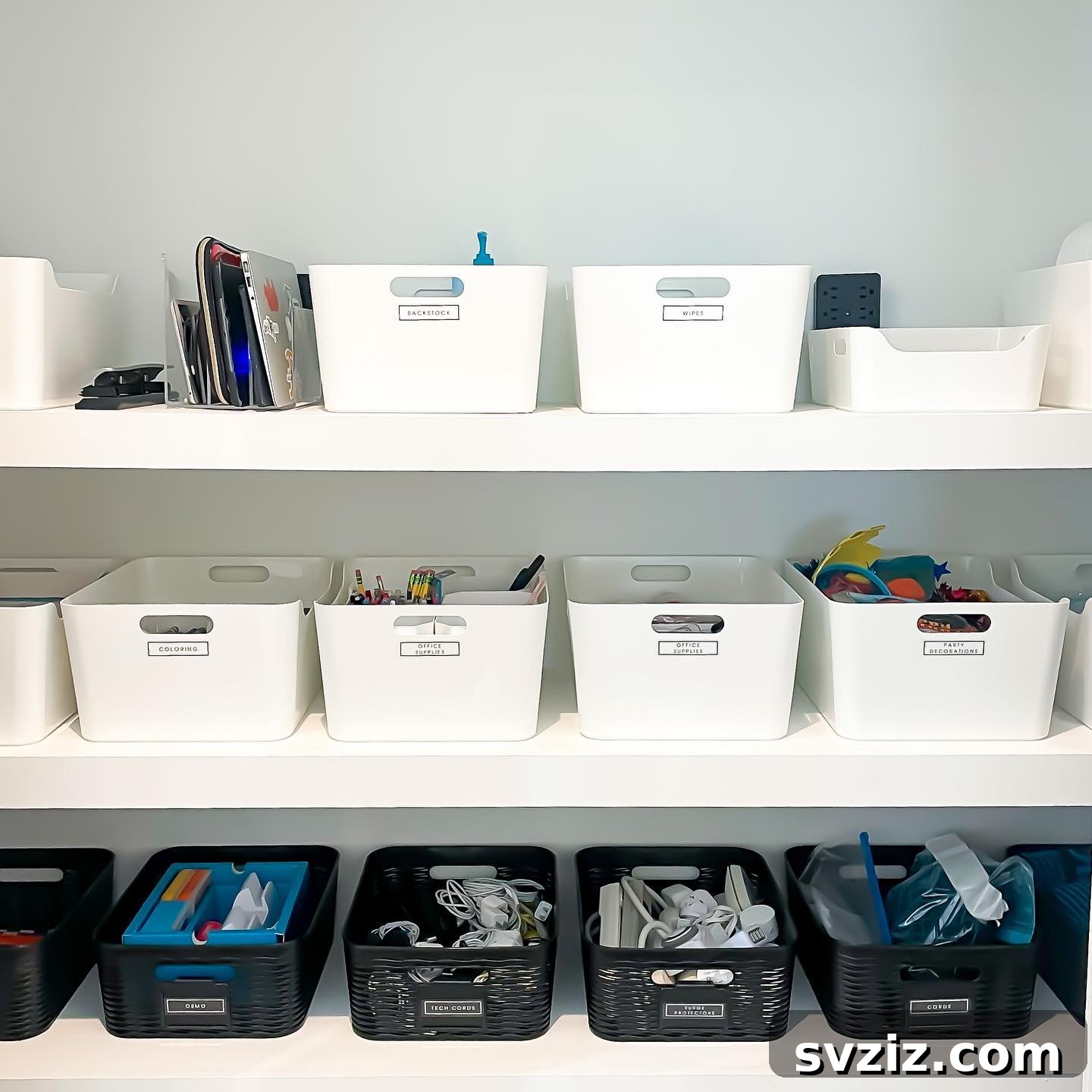 27 Smart Solutions for Organizing Clutter 16 Utility Closet Storage Bins - A well-organized utility closet featuring uniform storage bins on shelves, each clearly labeled for household supplies.