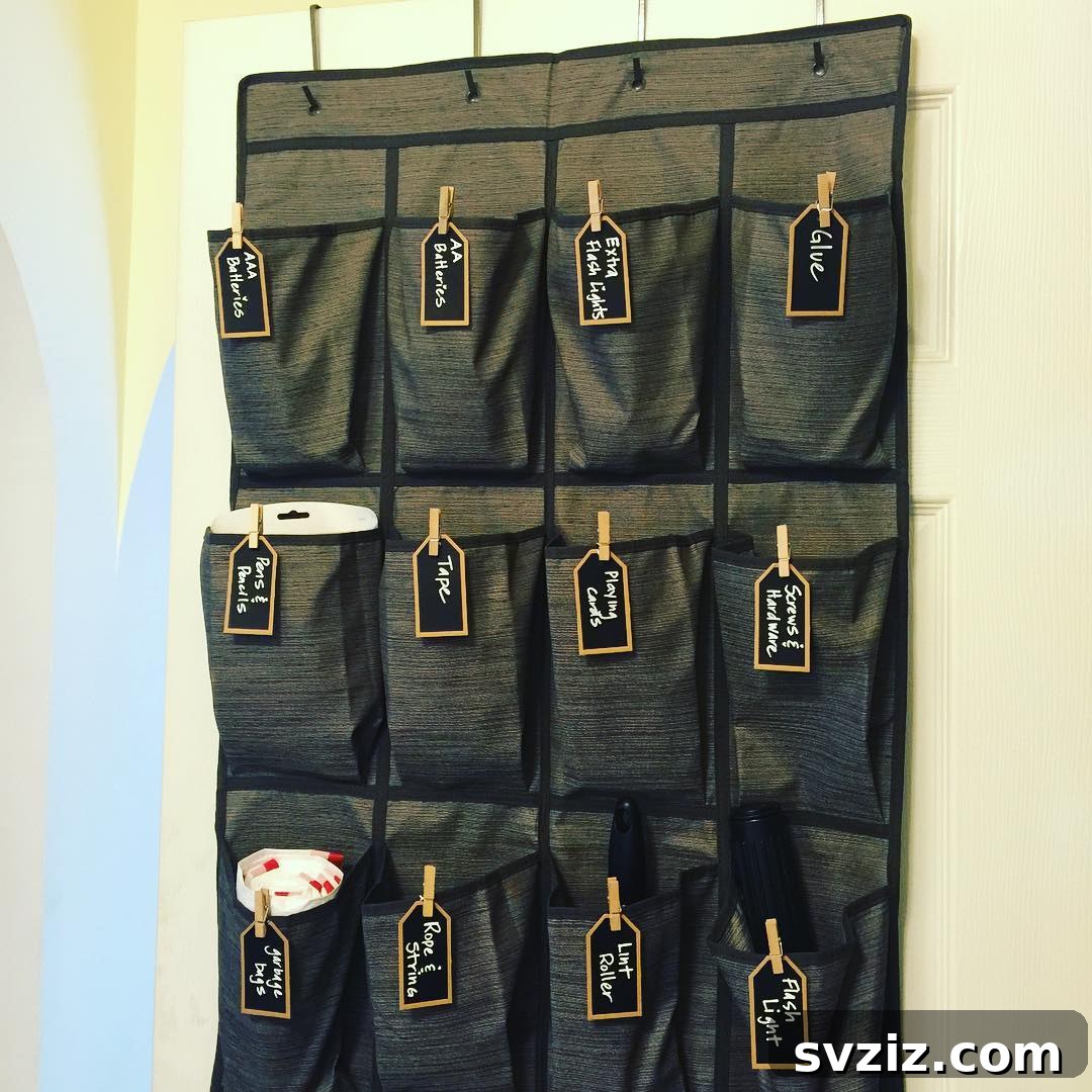 27 Smart Solutions for Organizing Clutter 18 Hanging Pocket Organizer - A door-mounted hanging pocket organizer, storing small items in clear mesh pockets, ideal for craft supplies or household bits.