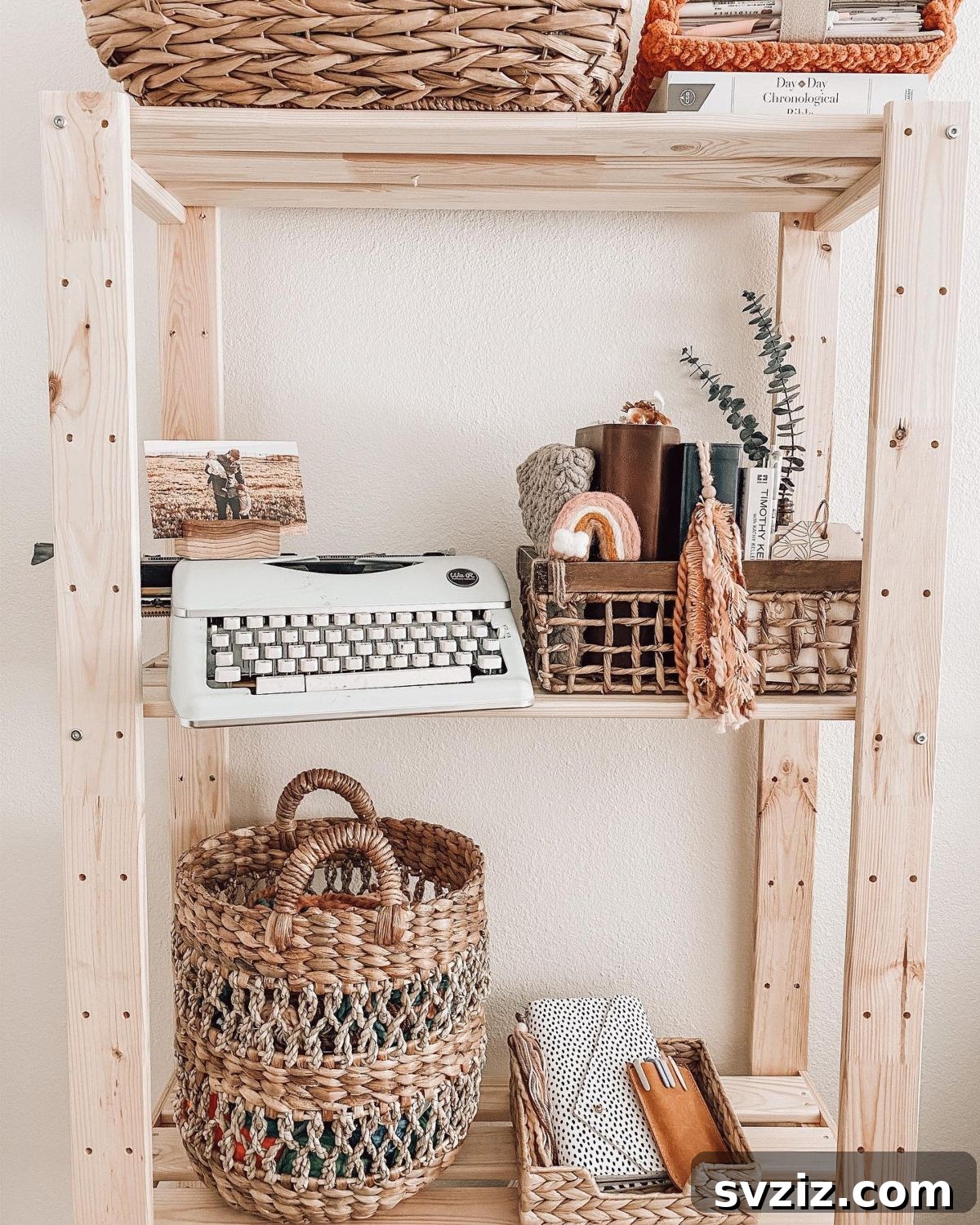 27 Smart Solutions for Organizing Clutter 21 Shelving Unit - A rustic wooden shelving unit displaying woven baskets and neatly arranged decorative and storage items, suggesting a stylish way to organize.