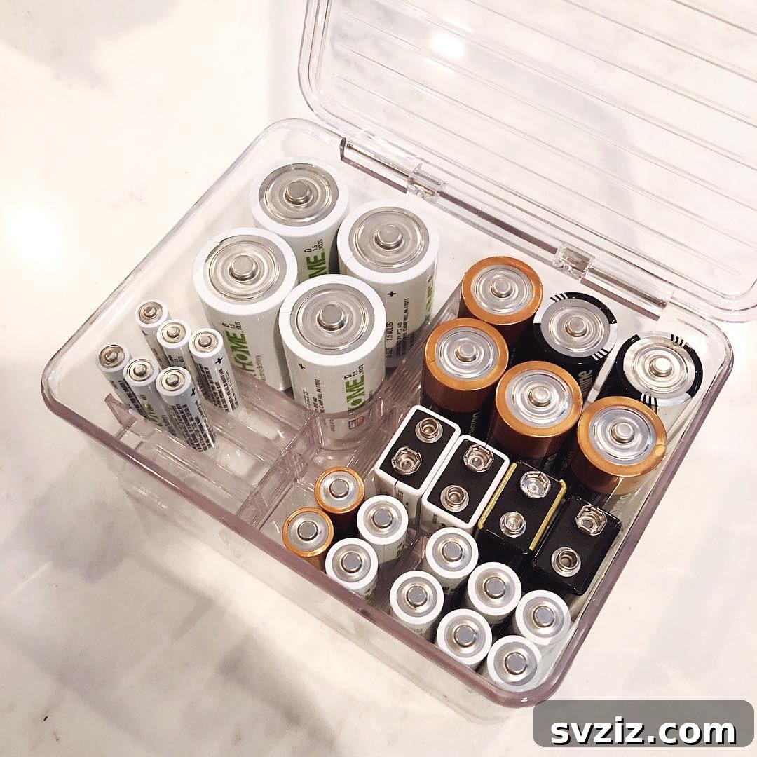 27 Smart Solutions for Organizing Clutter 22 Power Pack - A dedicated battery organizer box, showing various battery sizes neatly stored in individual slots, ensuring easy access and preventing clutter.