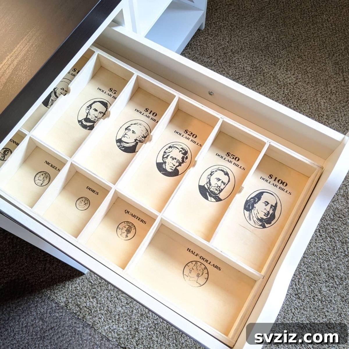 27 Smart Solutions for Organizing Clutter 25 Repurposed Money Organizer - A repurposed play money organizer now serving as a neat junk drawer organizer, separating small items like pens, clips, and rubber bands.