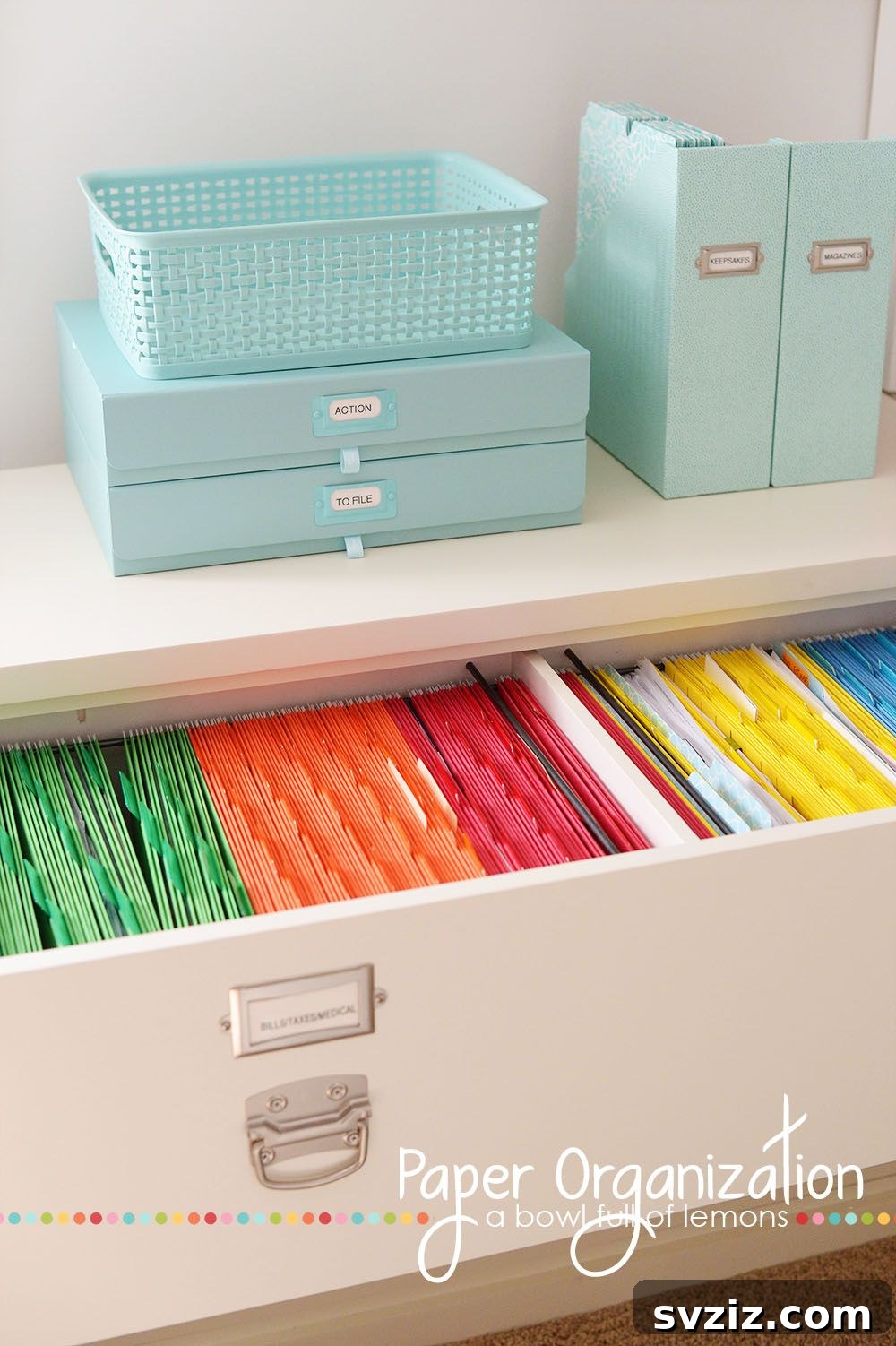 27 Smart Solutions for Organizing Clutter 5 Designated Paper Organization Space - A neatly organized desk area with file boxes and baskets for various paper types, demonstrating an efficient paper management system.