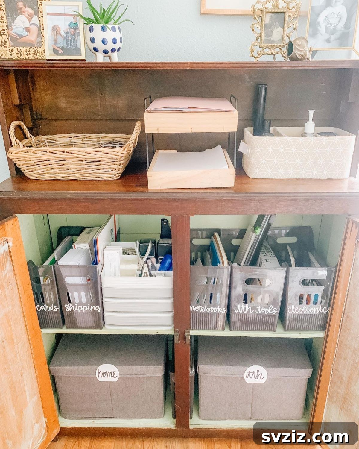 27 Smart Solutions for Organizing Clutter 7 Multi-Purpose Bins - A cabinet or closet shelf organized with various multi-purpose bins and baskets, used for storing different household items.