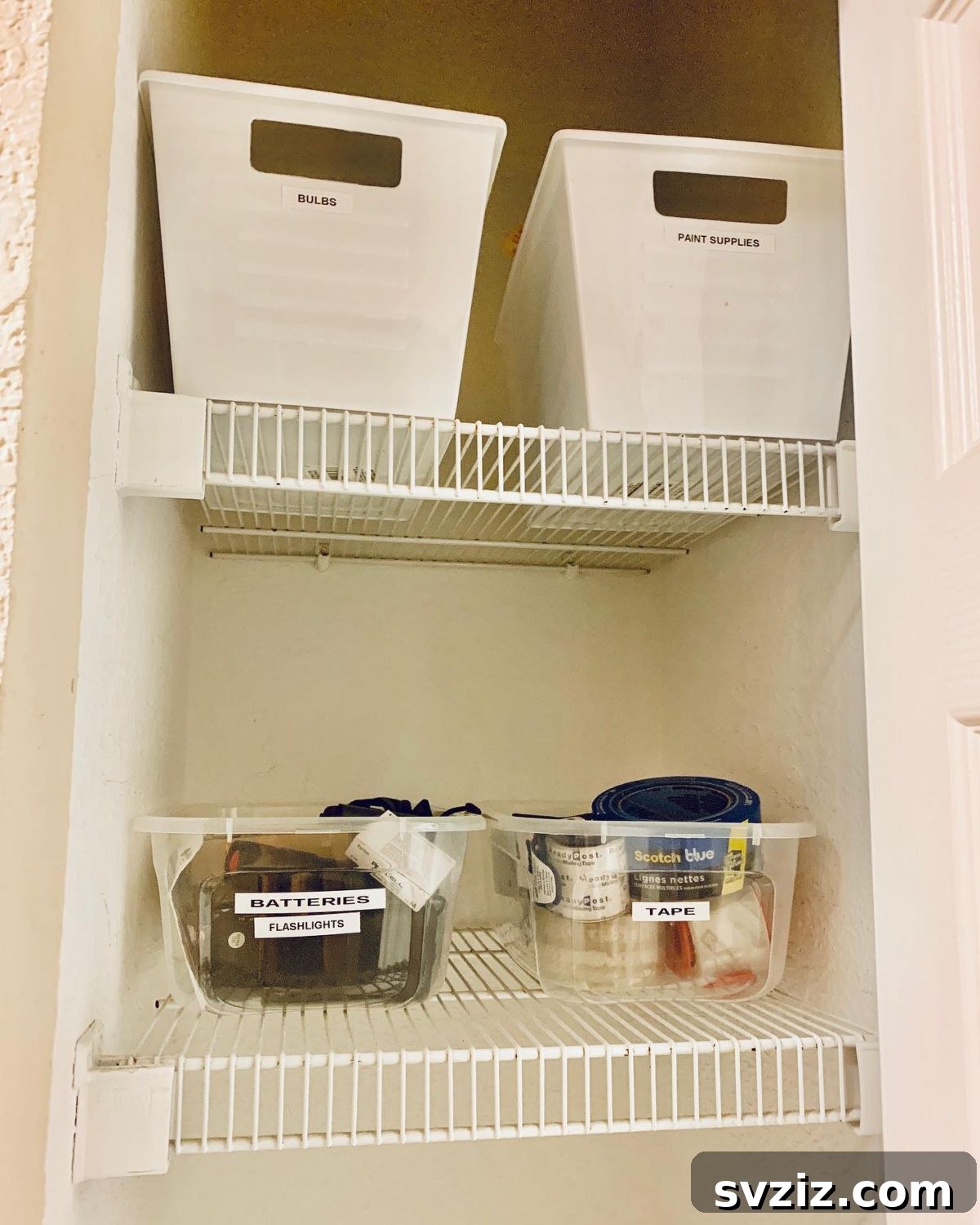 27 Smart Solutions for Organizing Clutter 8 Open Plastic Bins - A closet or shelving unit organized with several open-top plastic bins, each neatly labeled for easy access to contents.