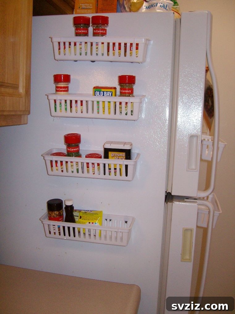 Magnetic spice racks made from pencil holders attached to a refrigerator door