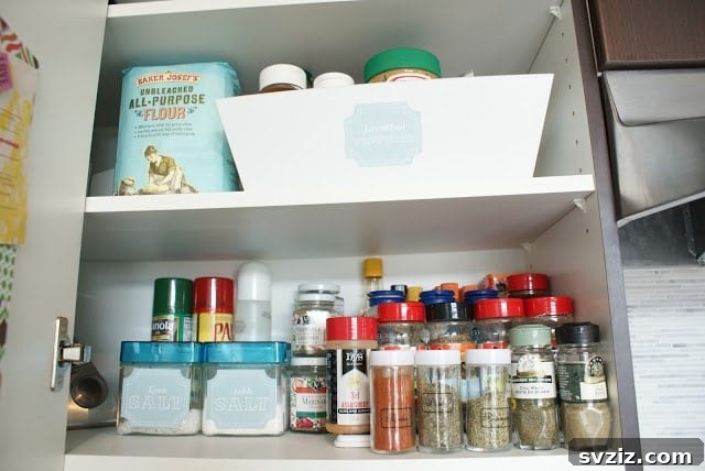 Organized spice cabinet with uniformity and custom labels on glass jars