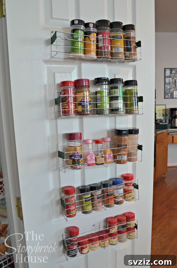 DIY spice rack made from cooling racks mounted on a wall