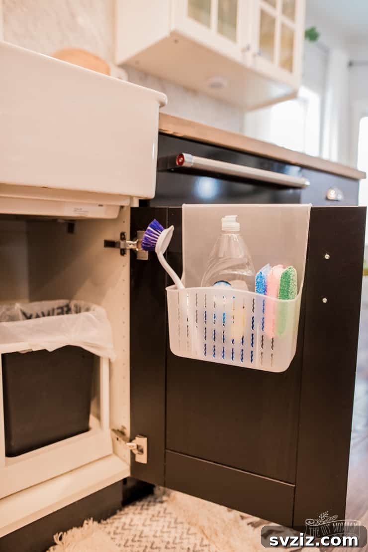 Over-the-door caddy used to organize cleaning supplies under the kitchen sink