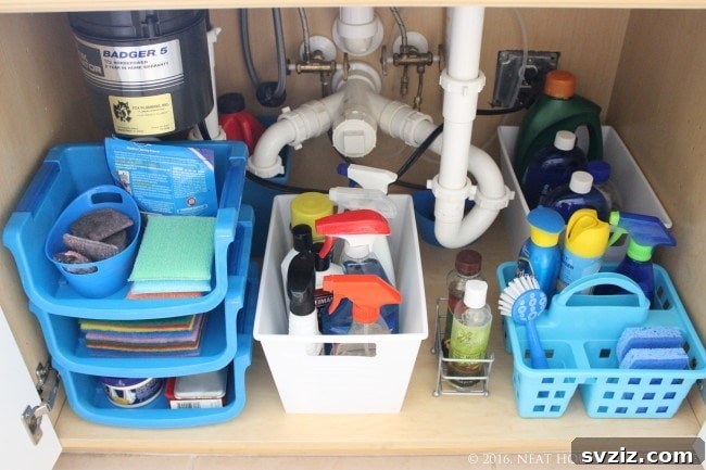 Organized under-the-kitchen-sink cabinet with caddies and bins for cleaning supplies