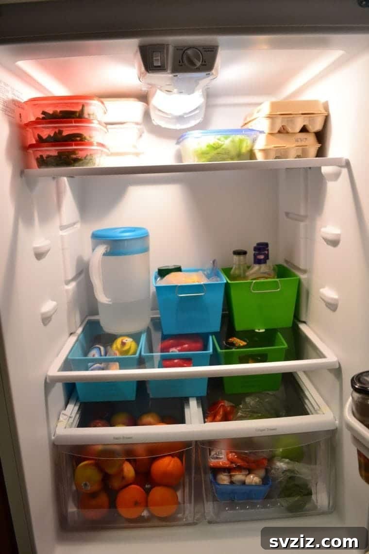 Neatly organized refrigerator interior using clear plastic bins to sort food items