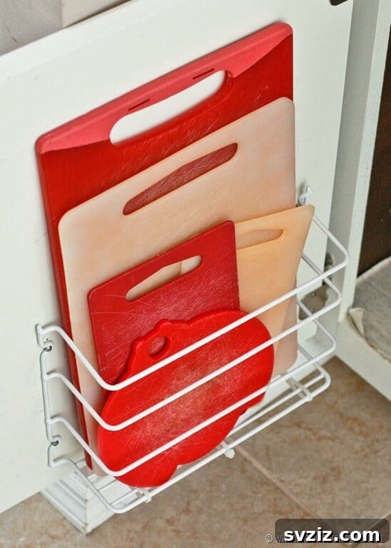 DIY vertical cutting board storage using a wire organizer and zip ties