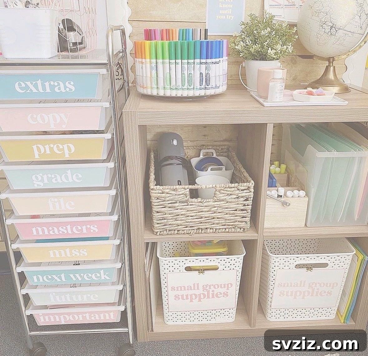 17 Genius School Office Organization Hacks 11 IKEA Kallax cubby storage unit used for organizing books and supplies in a classroom setting.