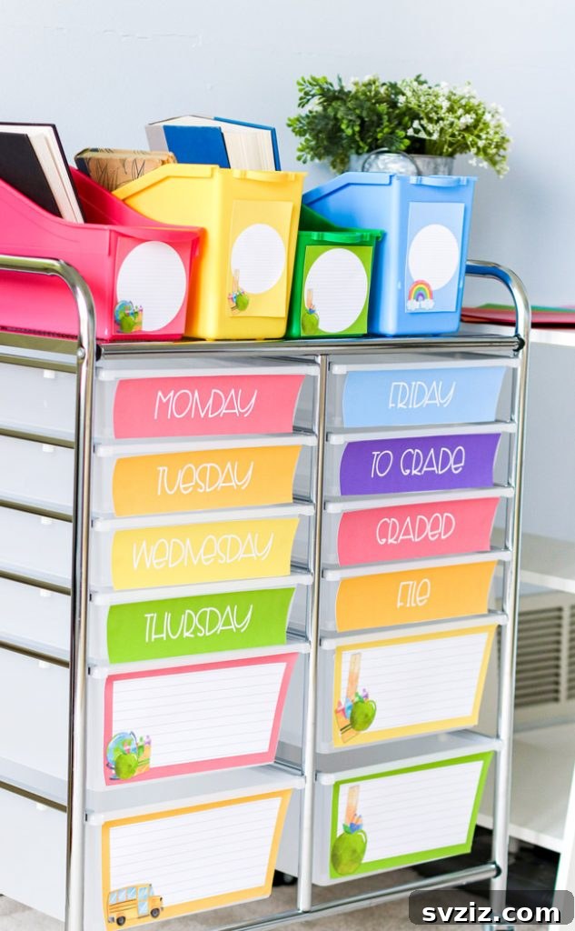 17 Genius School Office Organization Hacks 12 Teacher's rolling cart with multiple plastic drawers, organized for various classroom activities.