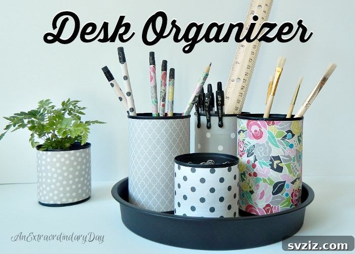 17 Genius School Office Organization Hacks 14 DIY upcycled desk organizer made from a cake pan and decorated tin cans, holding pens and other supplies.