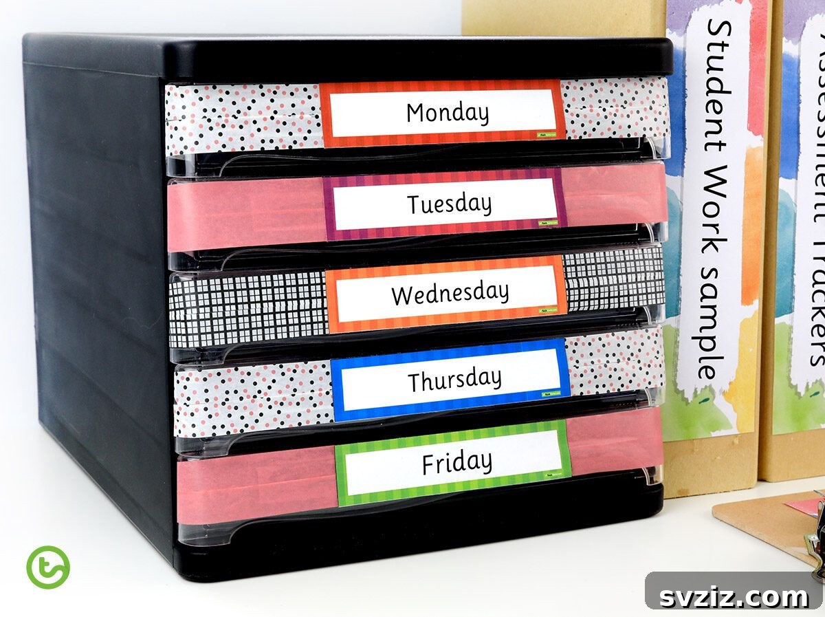 17 Genius School Office Organization Hacks 15 Desk with stackable plastic trays, labeled for each day of the week to organize lesson materials.