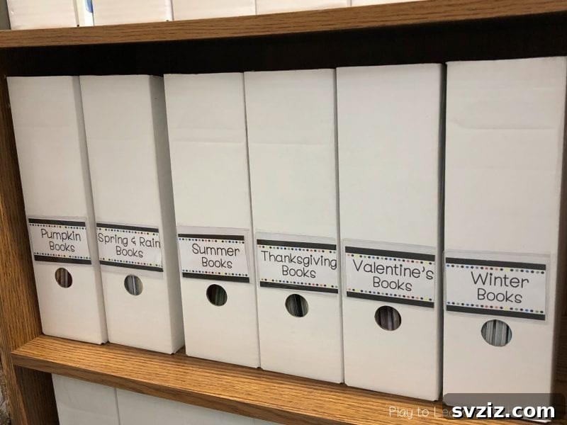 17 Genius School Office Organization Hacks 16 Cardboard filing boxes with labels for seasonal organization of classroom supplies.