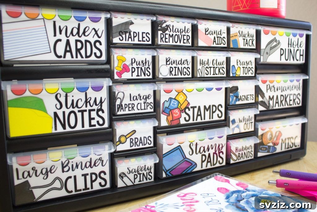 17 Genius School Office Organization Hacks 19 Teacher toolbox with multiple small drawers, each labeled for essential classroom items.