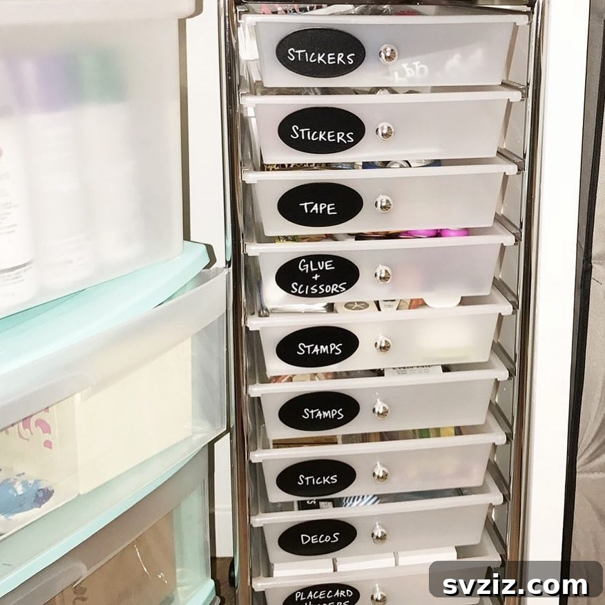 17 Genius School Office Organization Hacks 10 Multi-drawer organizer dedicated to craft supplies like stickers, stamps, and glue sticks.