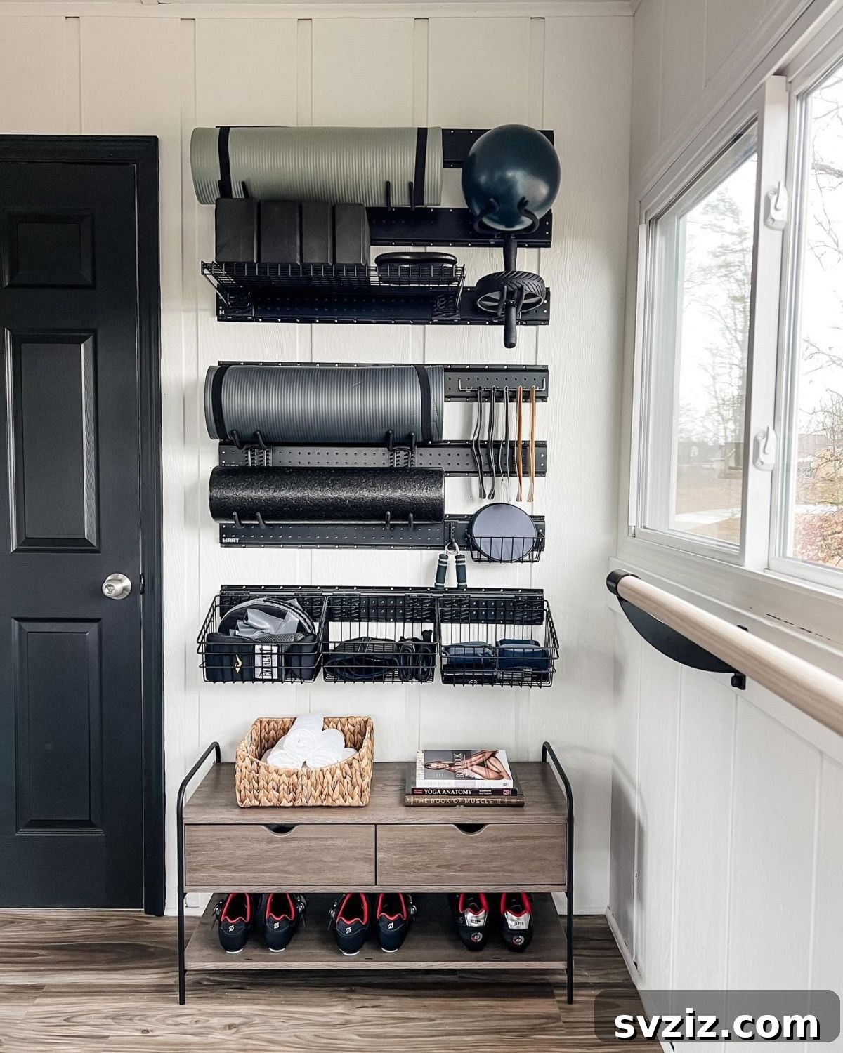 21 Genius Solutions for Home Gym Organization 13 Hanging Unit with Baskets