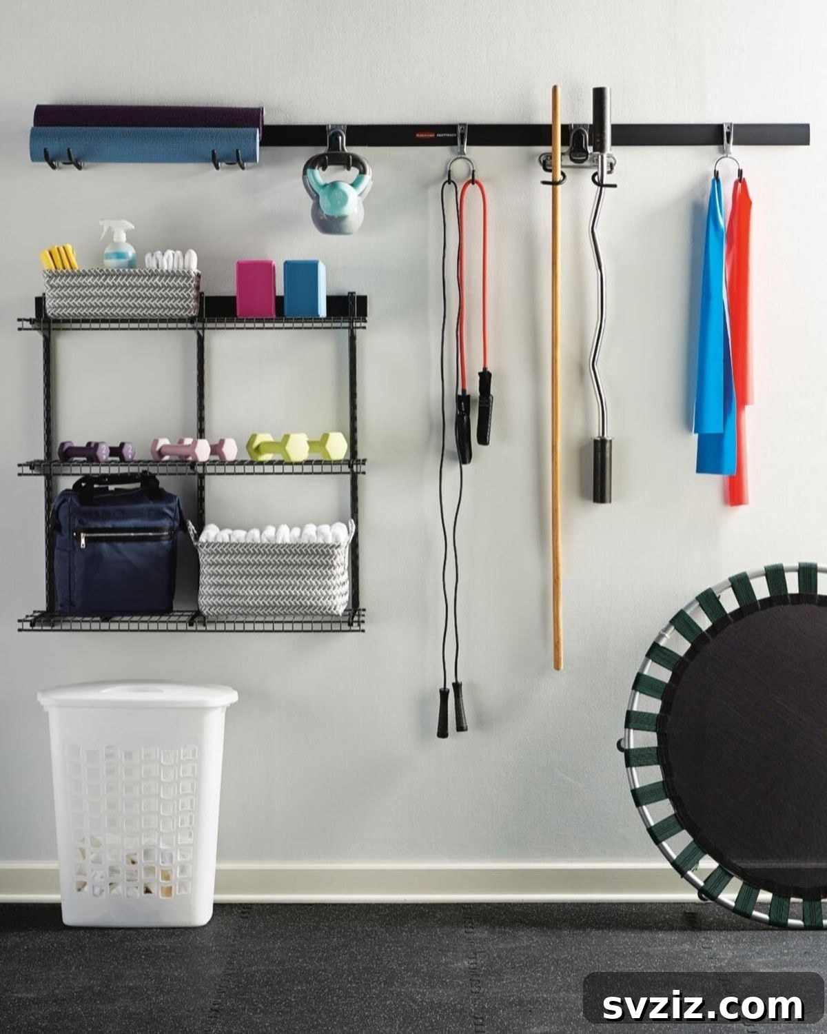 21 Genius Solutions for Home Gym Organization 14 Rail Garage System