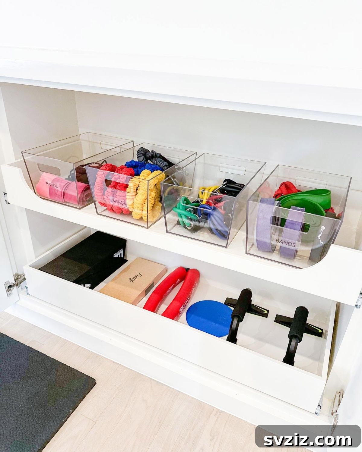 21 Genius Solutions for Home Gym Organization 3 labeled bins
