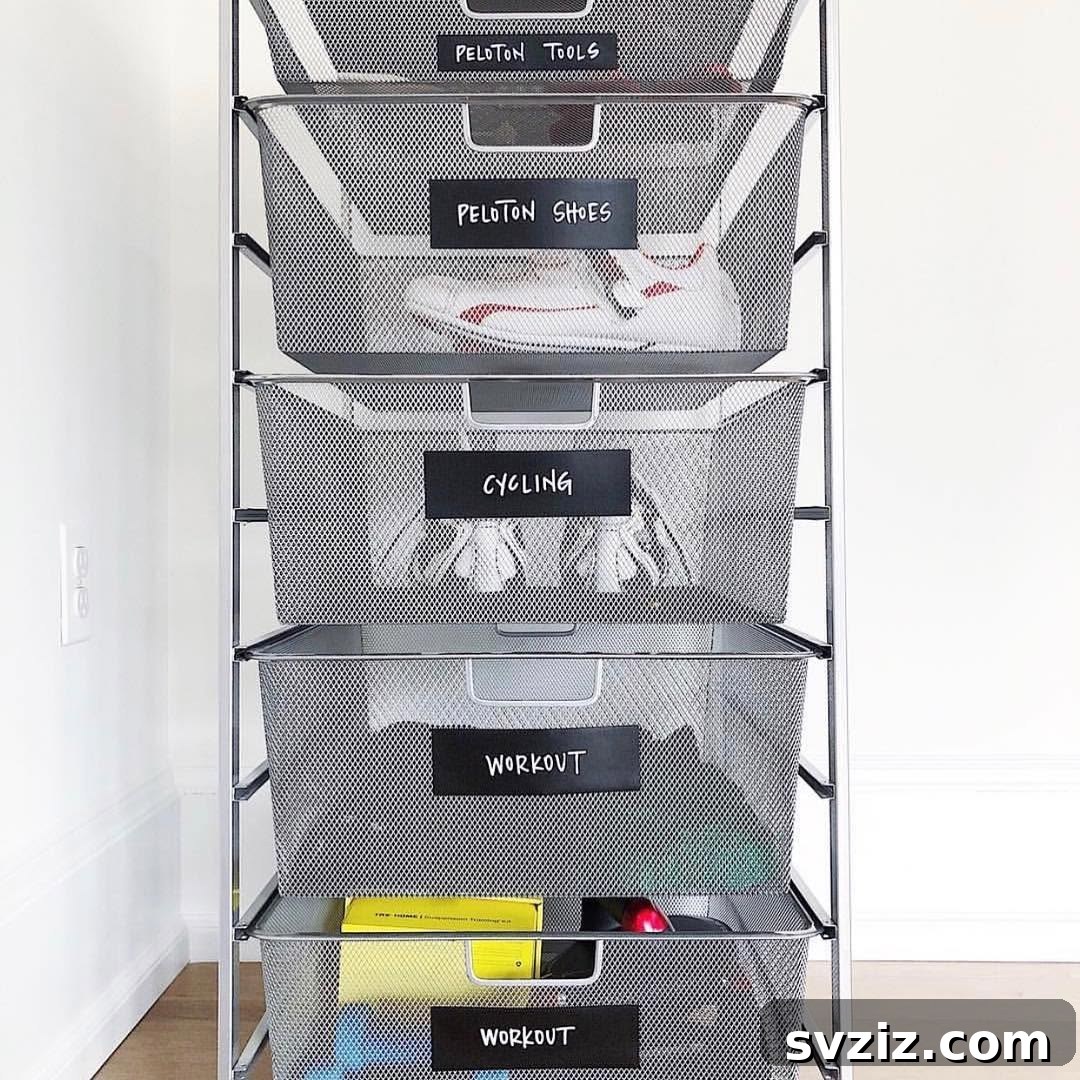 21 Genius Solutions for Home Gym Organization 5 labeled mesh organizer