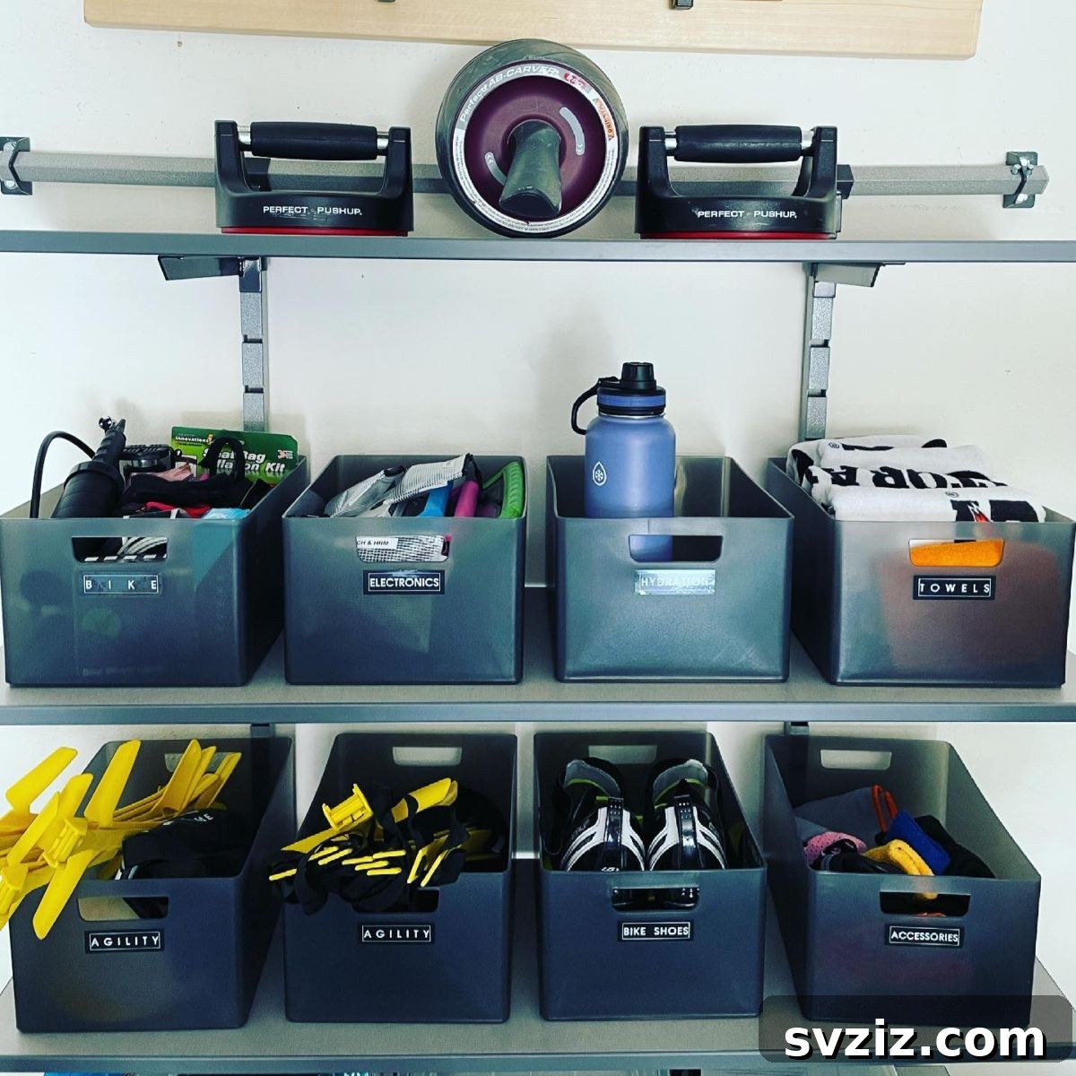 21 Genius Solutions for Home Gym Organization 10 Shelving Unit with Bins