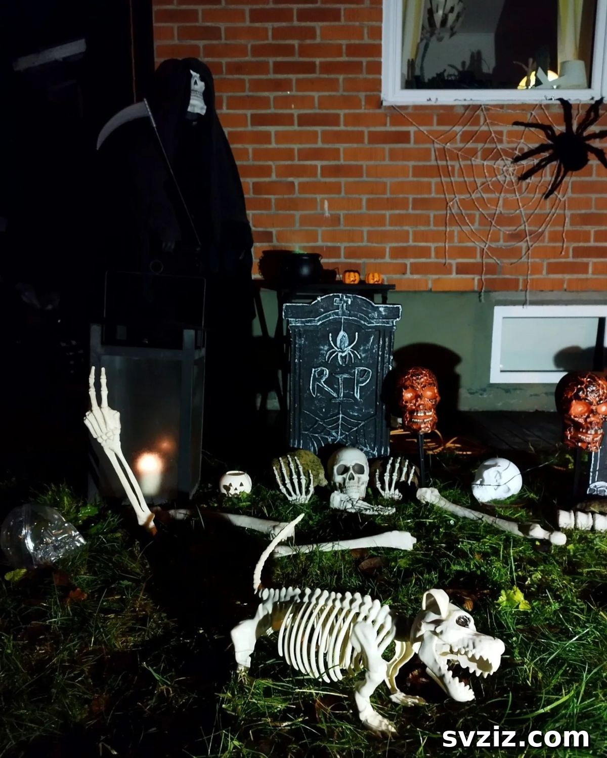Spooky Halloween graveyard with tombstones and skeletons