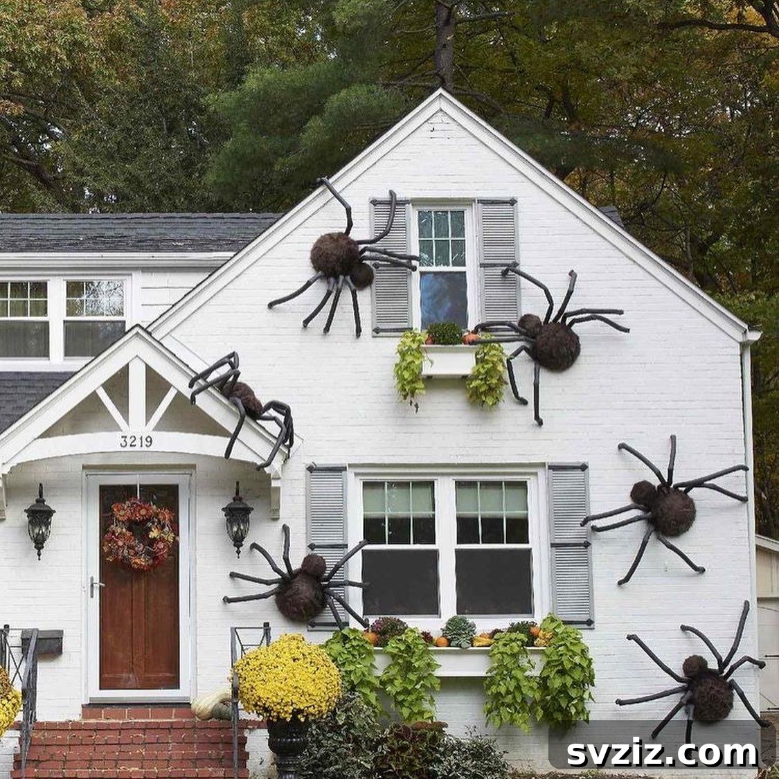 Gigantic scary spiders decorating a house for Halloween