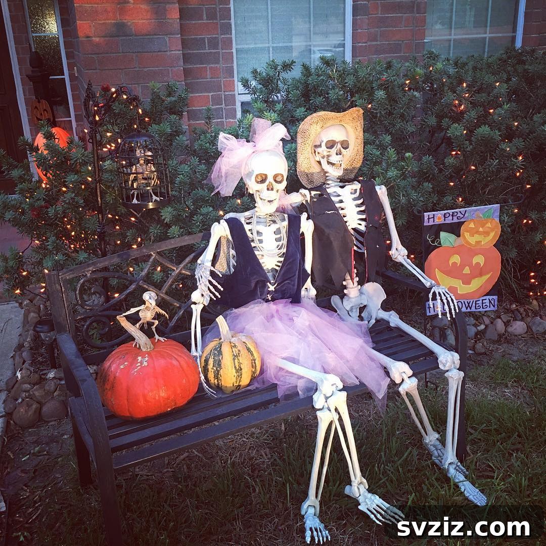 Humorous skeleton couple, Skulldonna and Farmer Bonejovi, Halloween scene