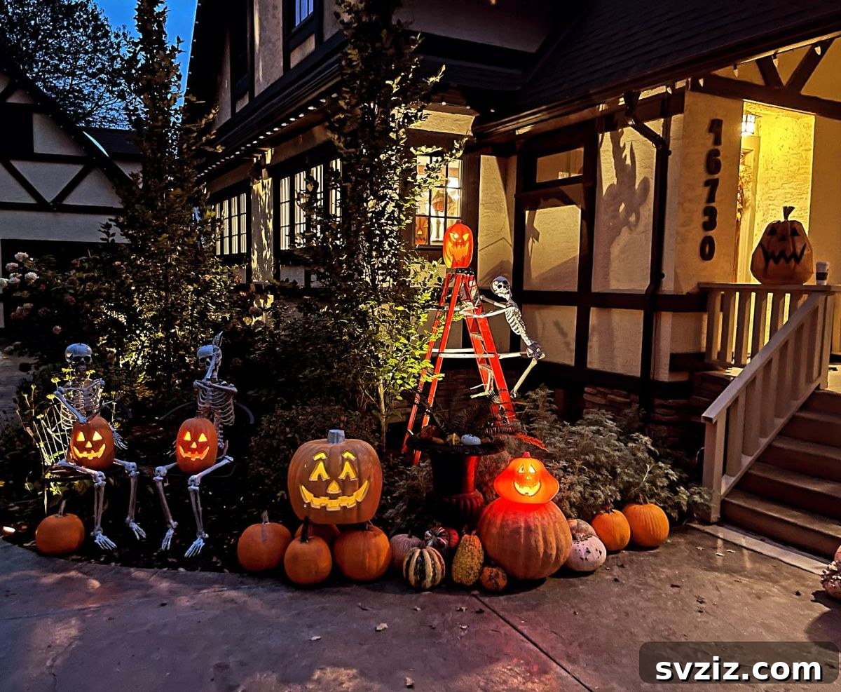 Classic grinning pumpkins lining a path for Halloween