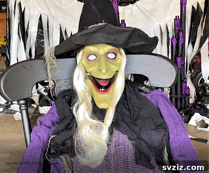 Spooky life-sized outdoor witch Halloween decoration