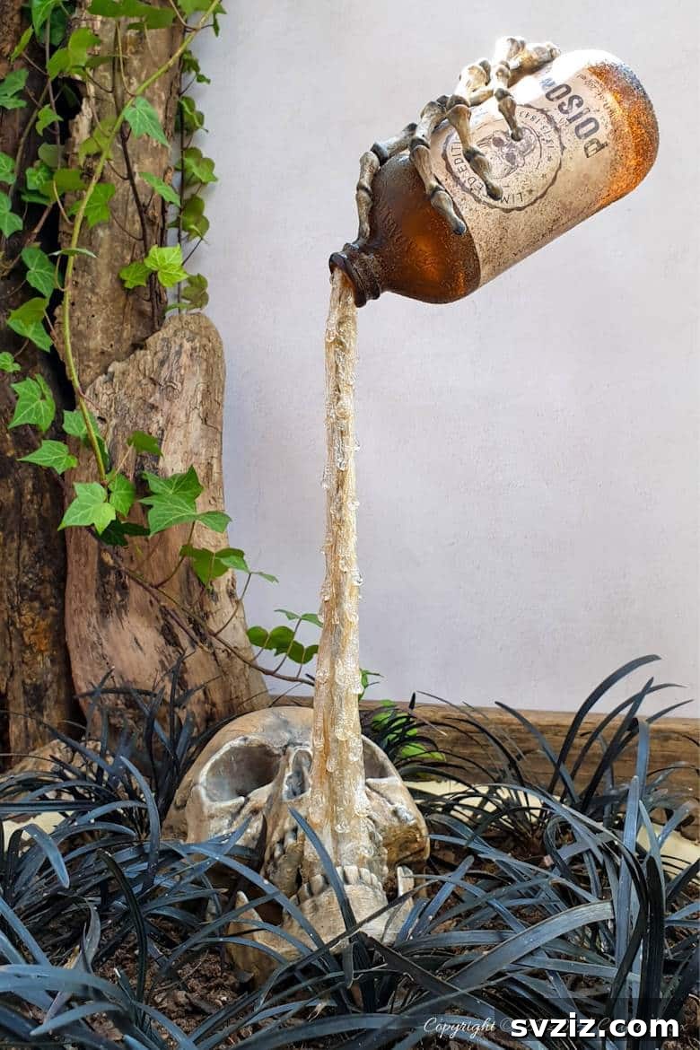 Chilling skull and floating bottle Halloween garden decoration