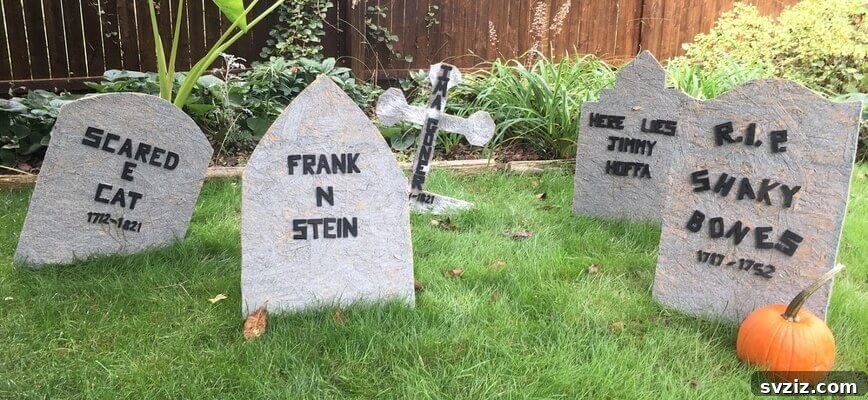 Customizable DIY Halloween tombstones for a graveyard scene