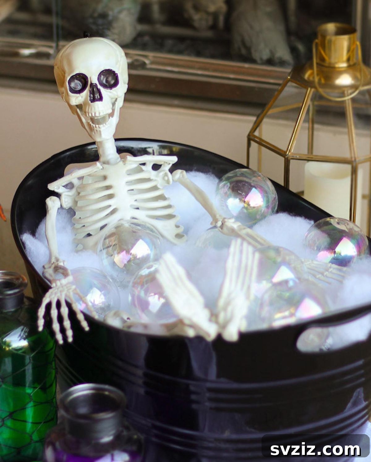 Funny yet creepy skeleton in a bubble bath Halloween display