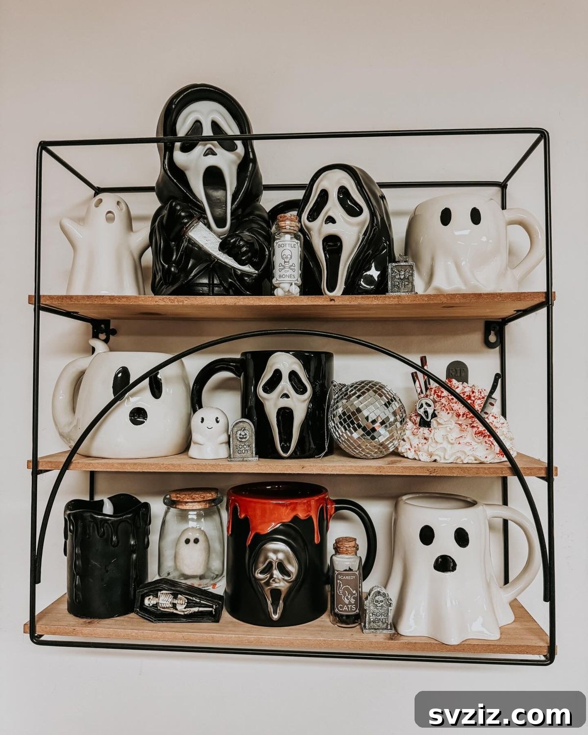 Spine-Chilling Interiors: 31 Scary Halloween Decor Ideas 11 ghostface shelf